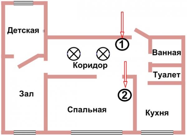 Электрическая схема подключения проходного выключателя